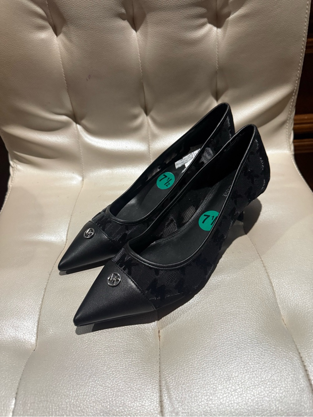 Michael Kors Black Pointed Toe Low Heel Pumps with Logo Accent